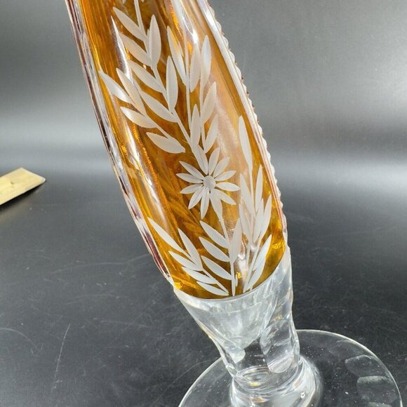 Vintage Czech Bohemian Glass Crystal Vase Vessel Amber Etching Floral Decor Vase - Picture 7 of 16